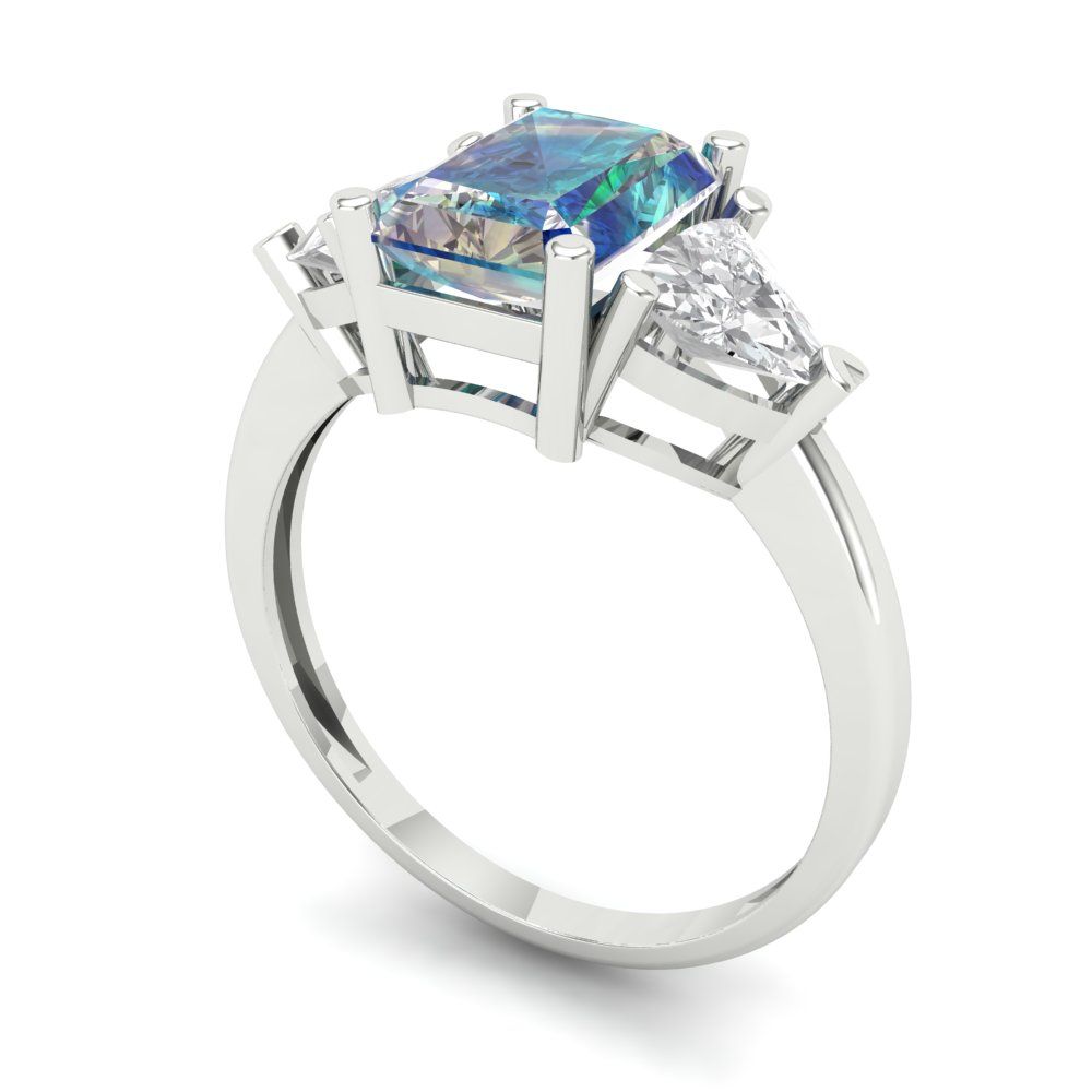 2.82 cttw Blue Moissanite Three-Stone Engagement Ring - Solid Gold (Emerald Cut,8x6mm)