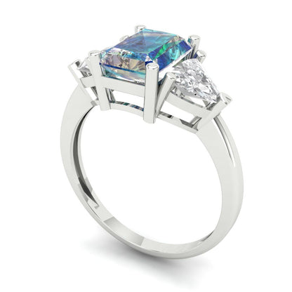 2.82 cttw Blue Moissanite Three-Stone Engagement Ring - Solid Gold (Emerald Cut,8x6mm)