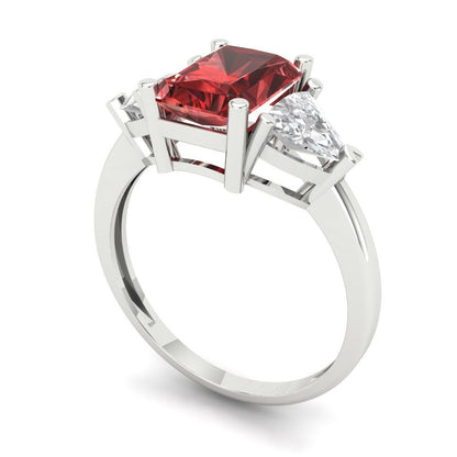 2.82 cttw Natural Garnet Three-Stone Engagement Ring - Solid White Gold (VVS1, Emerald Cut,8x6mm)