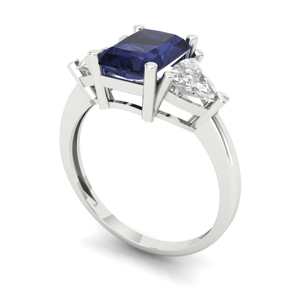 2.82 cttw Simulated Blue Sapphire Three-Stone Engagement Ring - Solid Gold (Emerald Cut,8x6mm)