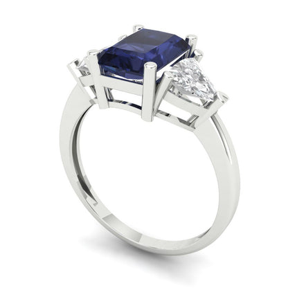 2.82 cttw Simulated Blue Sapphire Three-Stone Engagement Ring - Solid Gold (Emerald Cut,8x6mm)