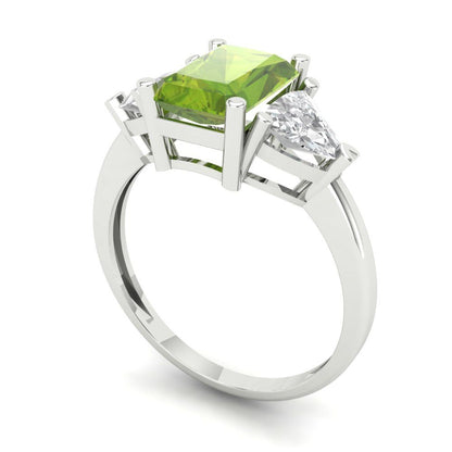 2.82 cttw Natural Peridot Three-Stone Engagement Ring - Solid Gold (Emerald Cut,8x6mm)