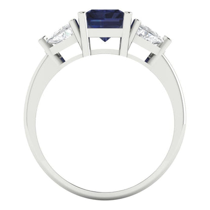 2.82 cttw Simulated Blue Sapphire Three-Stone Engagement Ring - Solid Gold (Emerald Cut,8x6mm)