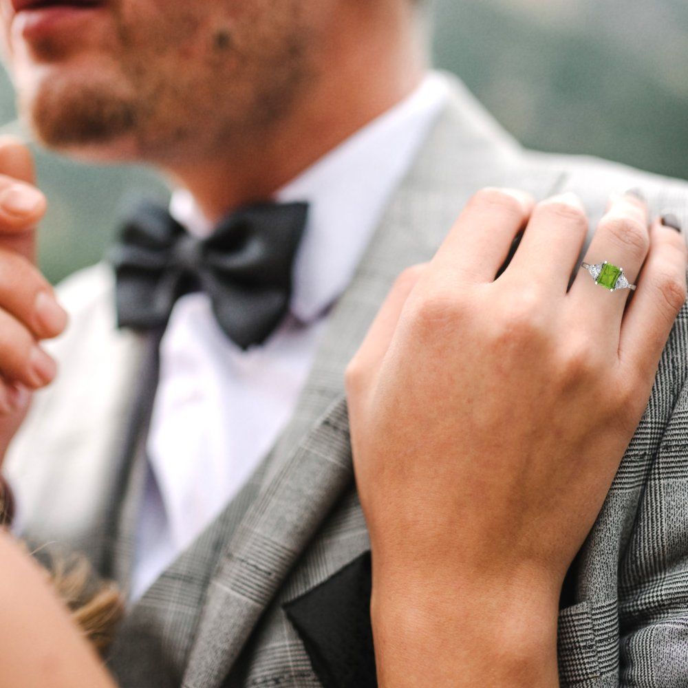 2.82 cttw Natural Peridot Three-Stone Engagement Ring - Solid Gold (Emerald Cut,8x6mm)