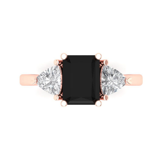 2.82 cttw Natural Onyx Three-Stone Engagement Ring - Solid Rose Gold (VVS1, Emerald Cut,8x6mm)