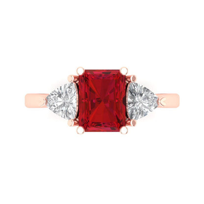 2.82 cttw Simulated Ruby Three-Stone Engagement Ring - Solid Rose Gold (VVS1, Emerald Cut,8x6mm)