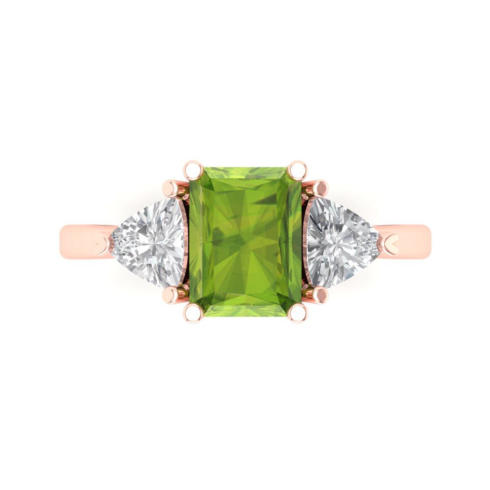 2.82 cttw Natural Peridot Three-Stone Engagement Ring - Solid Gold (Emerald Cut,8x6mm)