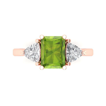 2.82 cttw Natural Peridot Three-Stone Engagement Ring - Solid Gold (Emerald Cut,8x6mm)