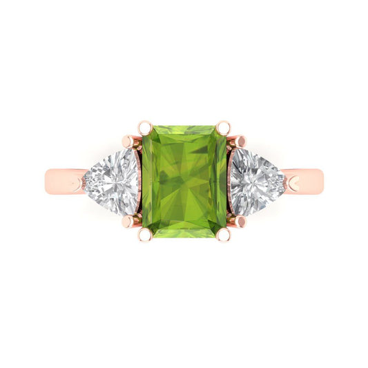2.82 cttw Natural Peridot Three-Stone Engagement Ring - Solid Rose Gold (VVS1, Emerald Cut,8x6mm)