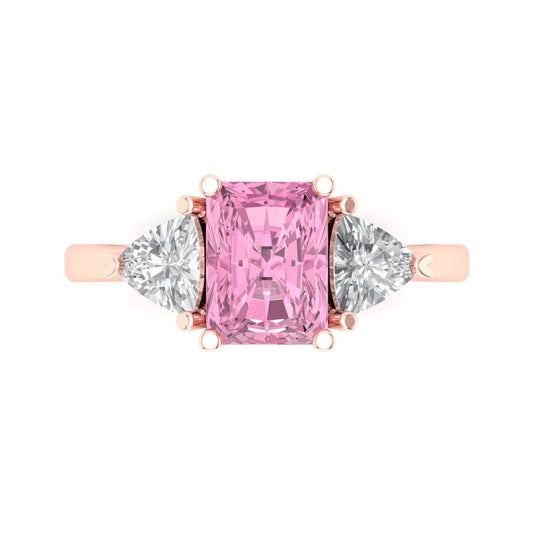 2.82 cttw Zirconia Simulated Pink Diamond Three-Stone Engagement Ring - Solid Rose Gold (VVS1, Emerald Cut,8x6mm)