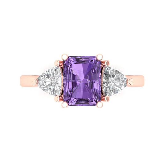 2.82 cttw Simulated Alexandrite Three-Stone Engagement Ring - Solid Rose Gold (VVS1, Emerald Cut,8x6mm)