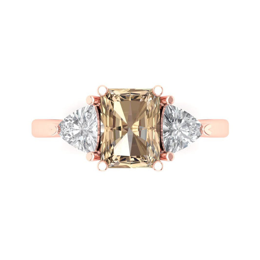 2.82 cttw Yellow Moissanite Three-Stone Engagement Ring - Solid Rose Gold (VVS1, Emerald Cut,8x6mm)