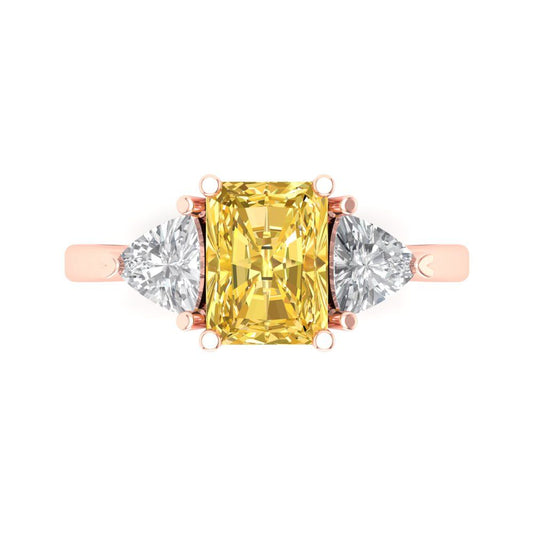 2.82 cttw Zirconia Simulated Yellow Diamond Three-Stone Engagement Ring - Solid Rose Gold (VVS1, Emerald Cut,8x6mm)