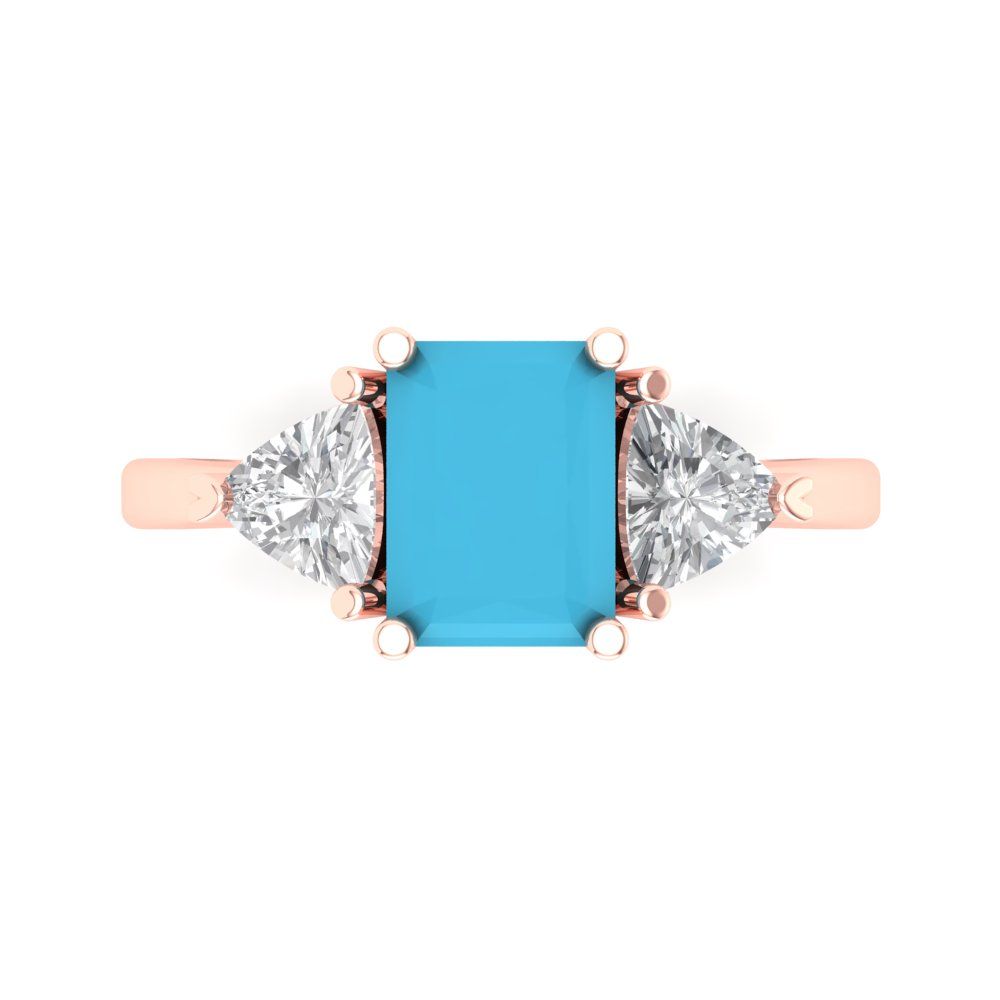 2.82 cttw Simulated Turquoise Three-Stone Engagement Ring - Solid Gold (Emerald Cut,8x6mm)