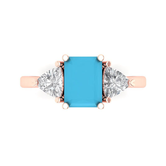 2.82 cttw Simulated Turquoise Three-Stone Engagement Ring - Solid Rose Gold (VVS1, Emerald Cut,8x6mm)