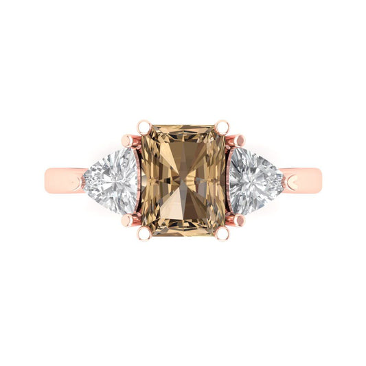 2.82 cttw Zirconia Simulated Champagne Diamond Three-Stone Engagement Ring - Solid Rose Gold (VVS1, Emerald Cut,8x6mm)