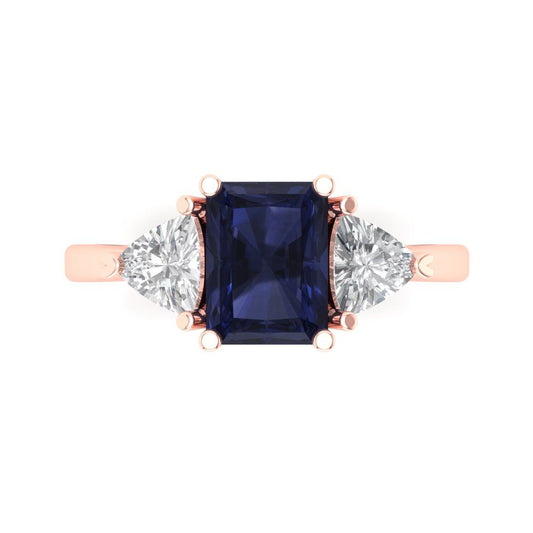 2.82 cttw Simulated Blue Sapphire Three-Stone Engagement Ring - Solid Rose Gold (VVS1, Emerald Cut,8x6mm)