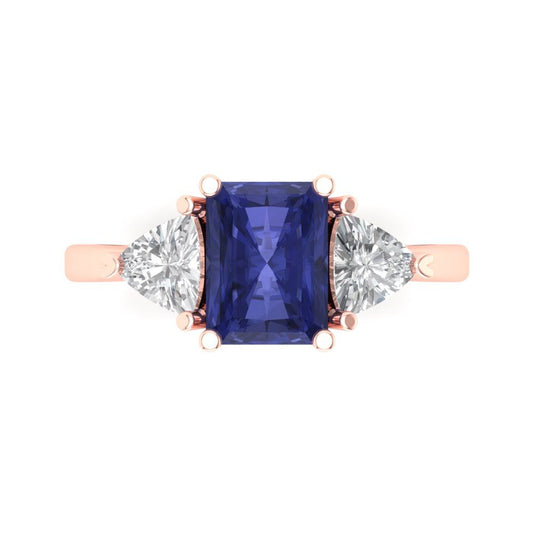 2.82 cttw Simulated Tanzanite Three-Stone Engagement Ring - Solid Rose Gold (VVS1, Emerald Cut,8x6mm)