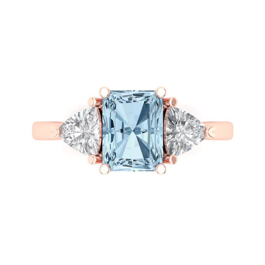 2.82 cttw Natural Swiss Blue Topaz Three-Stone Engagement Ring - Solid Rose Gold (VVS1, Emerald Cut,8x6mm)