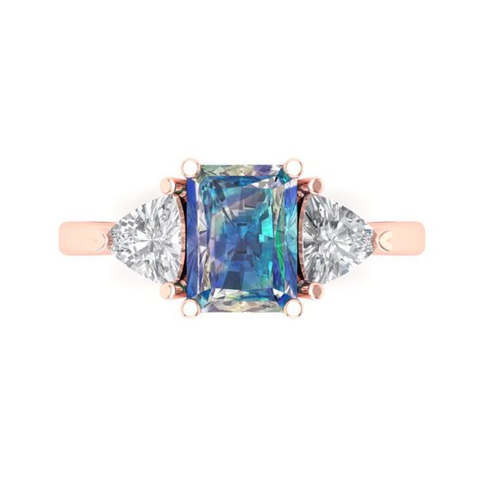 2.82 cttw Blue Moissanite Three-Stone Engagement Ring - Solid Rose Gold (VVS1, Emerald Cut,8x6mm)