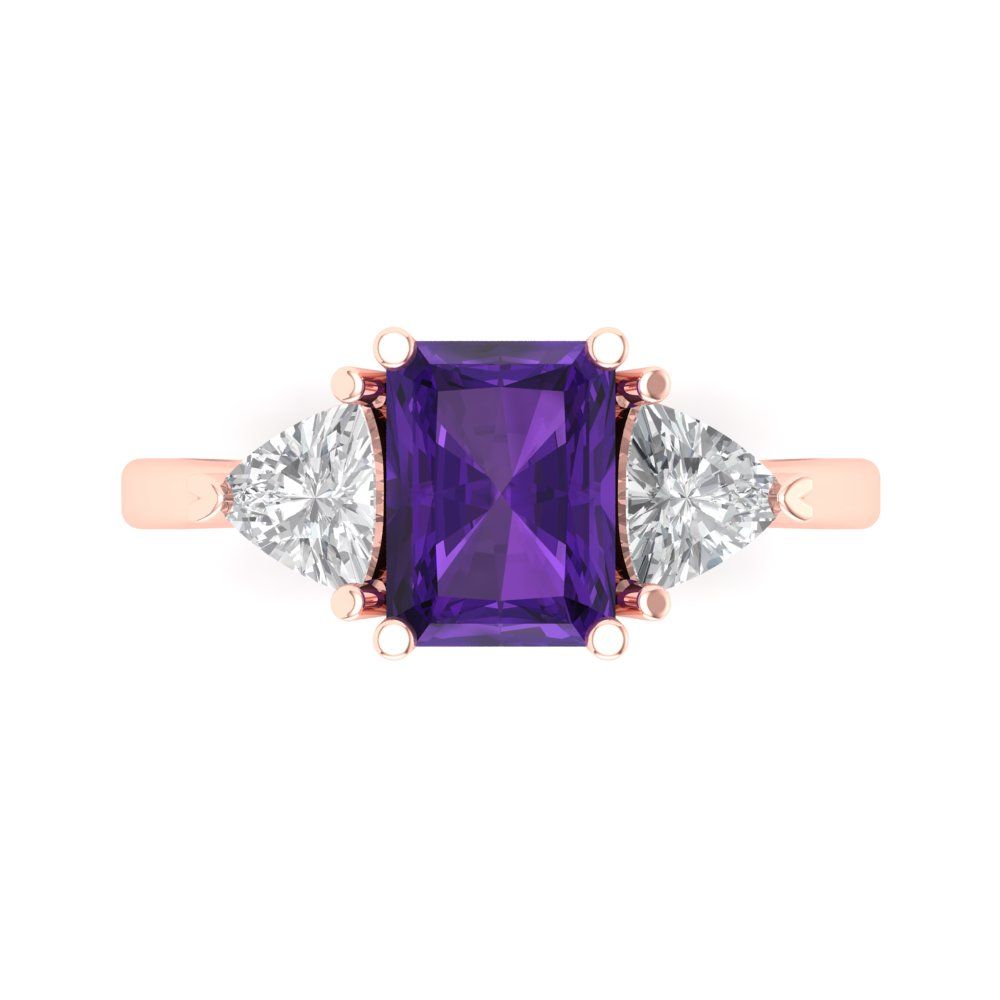 2.82 cttw Natural Amethyst Three-Stone Engagement Ring - Solid Gold (Emerald Cut,8x6mm)