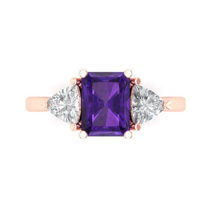 2.82 cttw Natural Amethyst Three-Stone Engagement Ring - Solid Gold (Emerald Cut,8x6mm)