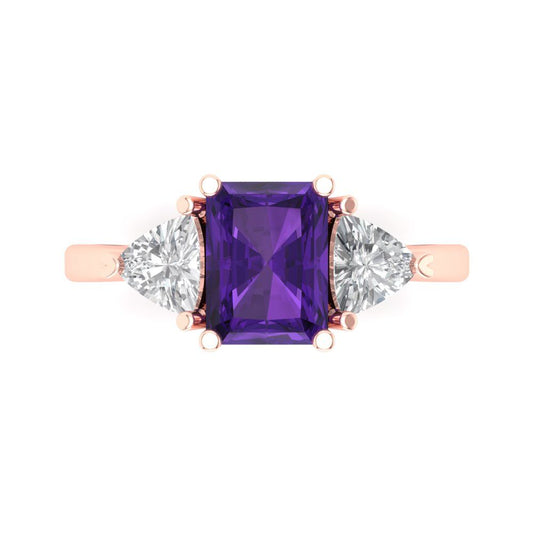 2.82 cttw Natural Amethyst Three-Stone Engagement Ring - Solid Rose Gold (VVS1, Emerald Cut,8x6mm)