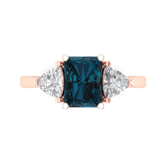 2.82 cttw Natural London Blue Topaz Three-Stone Engagement Ring - Solid Rose Gold (VVS1, Emerald Cut,8x6mm)