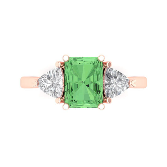 2.82 cttw Zirconia Simulated Green Diamond Three-Stone Engagement Ring - Solid Rose Gold (VVS1, Emerald Cut,8x6mm)