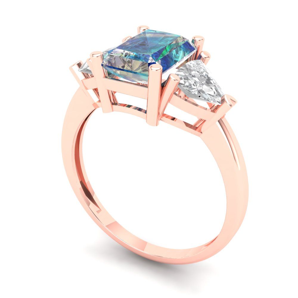 2.82 cttw Blue Moissanite Three-Stone Engagement Ring - Solid Gold (Emerald Cut,8x6mm)