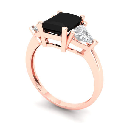 2.82 cttw Natural Onyx Three-Stone Engagement Ring - Solid Gold (Emerald Cut,8x6mm)