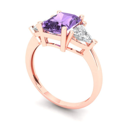 2.82 cttw Simulated Alexandrite Three-Stone Engagement Ring - Solid Gold (Emerald Cut,8x6mm)
