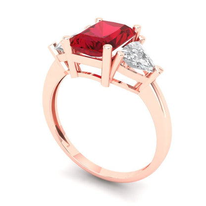 2.82 cttw Simulated Ruby Three-Stone Engagement Ring - Solid Rose Gold (VVS1, Emerald Cut,8x6mm)