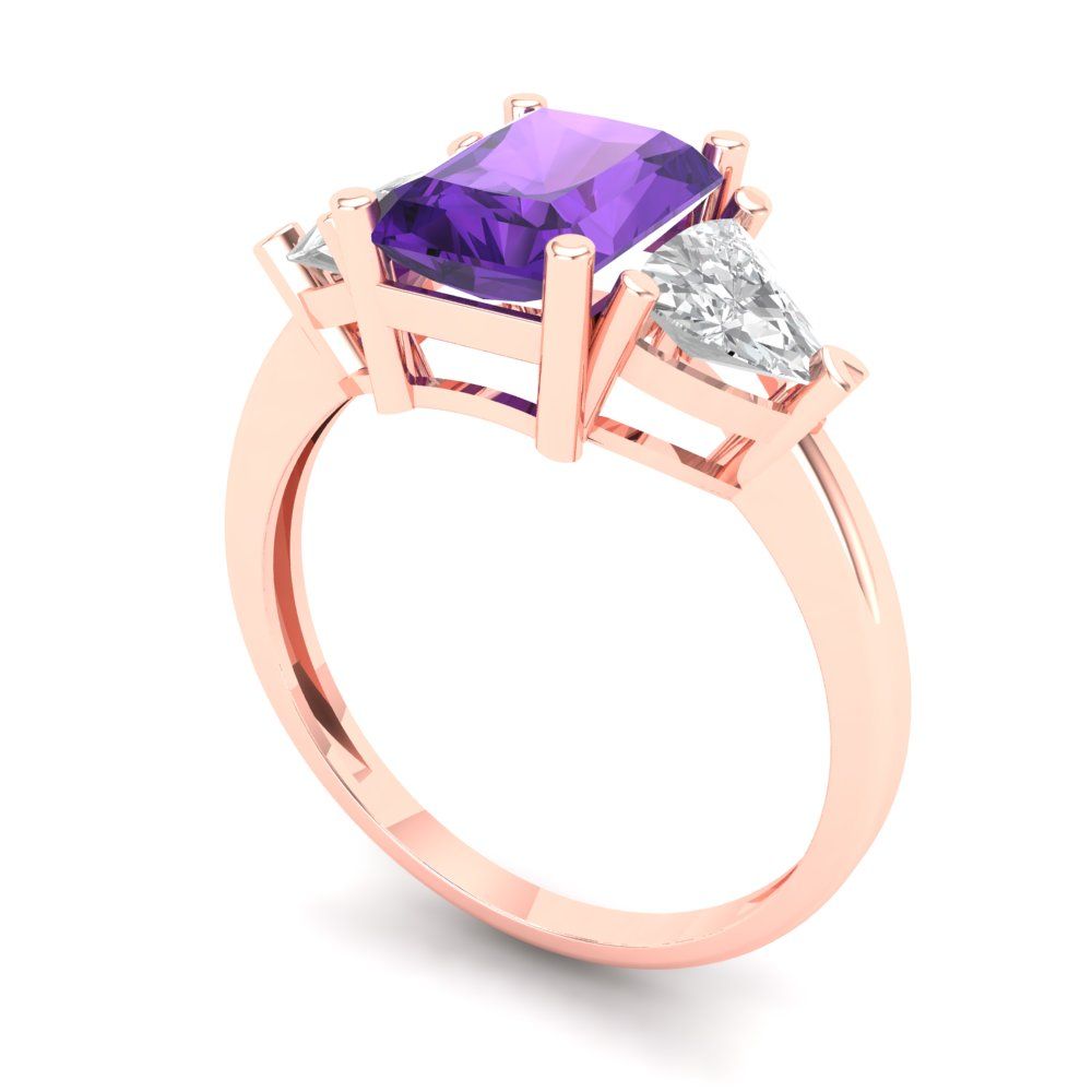 2.82 cttw Natural Amethyst Three-Stone Engagement Ring - Solid Gold (Emerald Cut,8x6mm)