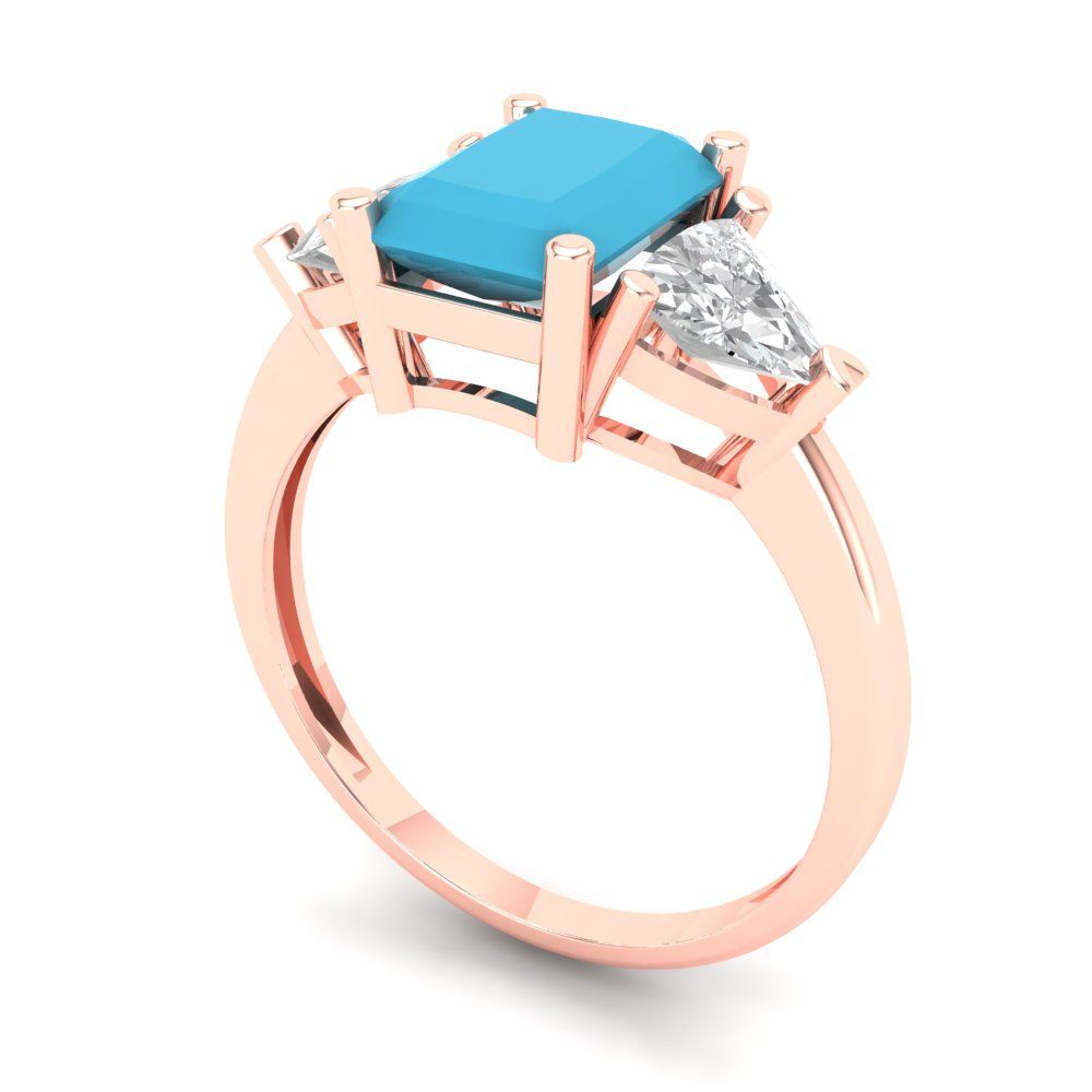 2.82 cttw Simulated Turquoise Three-Stone Engagement Ring - Solid Gold (Emerald Cut,8x6mm)