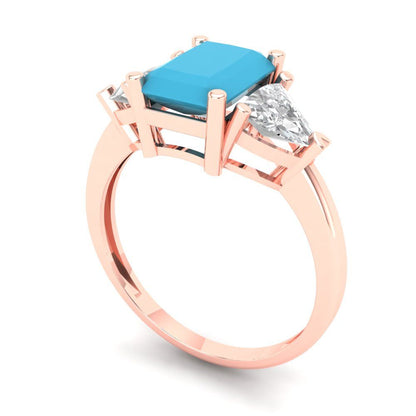 2.82 cttw Simulated Turquoise Three-Stone Engagement Ring - Solid Gold (Emerald Cut,8x6mm)