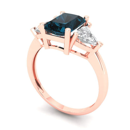 2.82 cttw Natural London Blue Topaz Three-Stone Engagement Ring - Solid Gold (Emerald Cut,8x6mm)