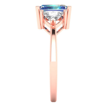 2.82 cttw Blue Moissanite Three-Stone Engagement Ring - Solid Gold (Emerald Cut,8x6mm)