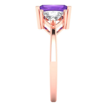 2.82 cttw Natural Amethyst Three-Stone Engagement Ring - Solid Gold (Emerald Cut,8x6mm)
