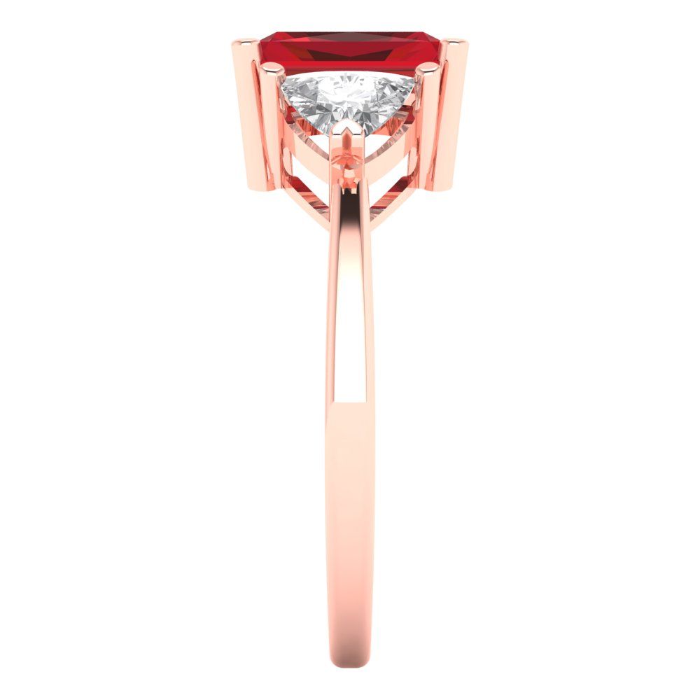 2.82 cttw Simulated Ruby Three-Stone Engagement Ring - Solid Rose Gold (VVS1, Emerald Cut,8x6mm)