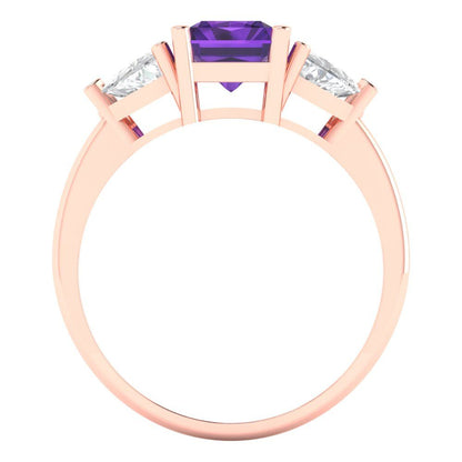 2.82 cttw Natural Amethyst Three-Stone Engagement Ring - Solid Gold (Emerald Cut,8x6mm)