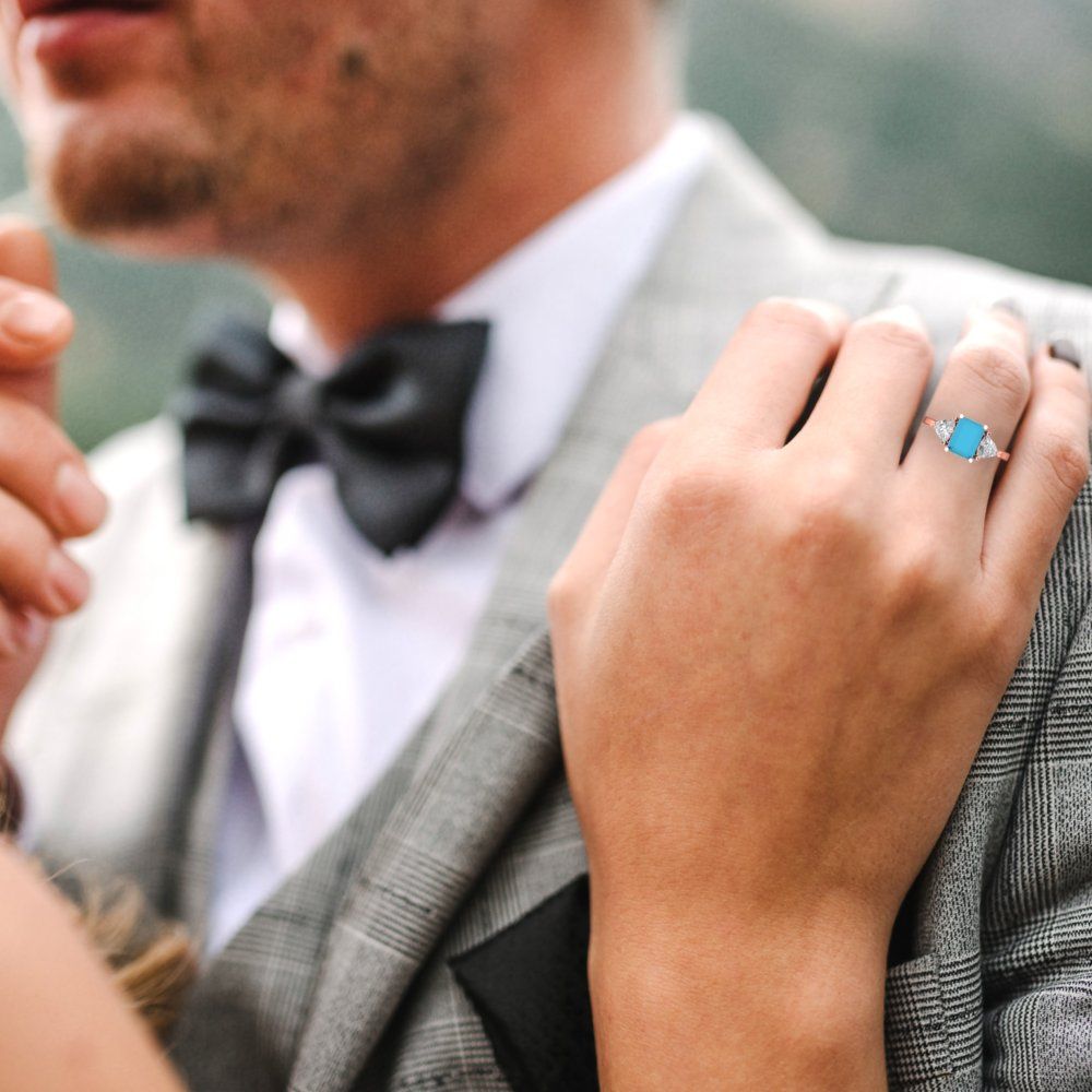 2.82 cttw Simulated Turquoise Three-Stone Engagement Ring - Solid Gold (Emerald Cut,8x6mm)