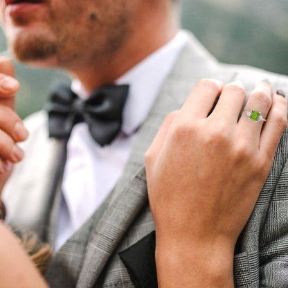 2.82 cttw Natural Peridot Three-Stone Engagement Ring - Solid Gold (Emerald Cut,8x6mm)