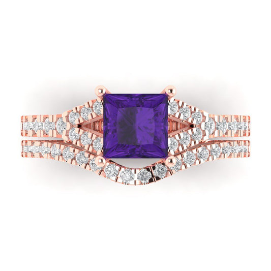 3.4 cttw Princess Cut Natural Amethyst Bridal Set - Solid Rose Gold Engagement Ring & Wedding Band