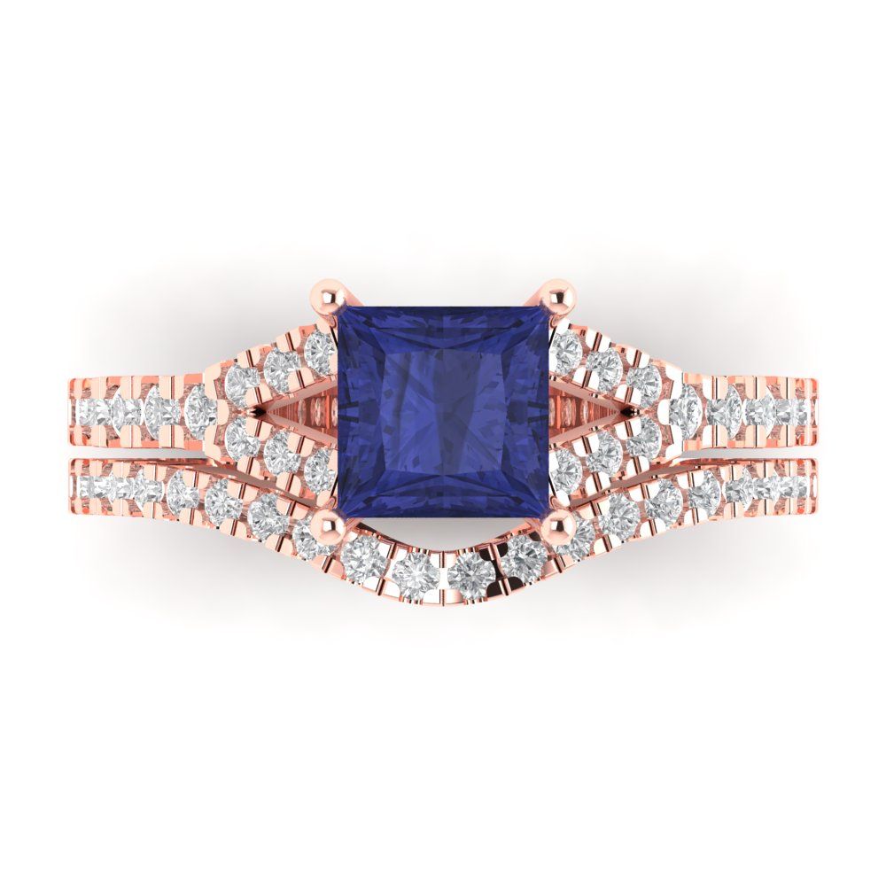 3.4 cttw Princess Cut Simulated Tanzanite Bridal Set - Solid Rose Gold Engagement Ring & Wedding Band