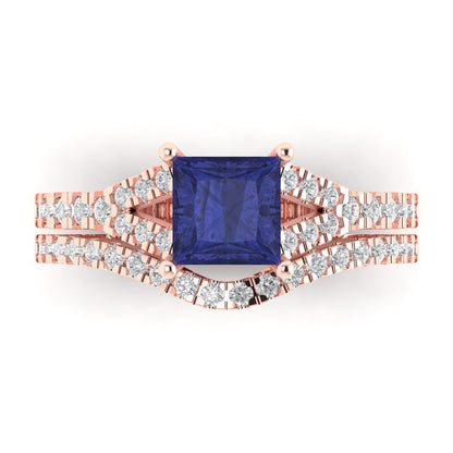 3.4 cttw Princess Cut Simulated Tanzanite Bridal Set - Solid Rose Gold Engagement Ring & Wedding Band