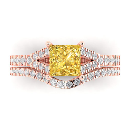 3.4 cttw Princess Cut Simulated Yellow Diamond Bridal Set - Solid Rose Gold Engagement Ring & Wedding Band