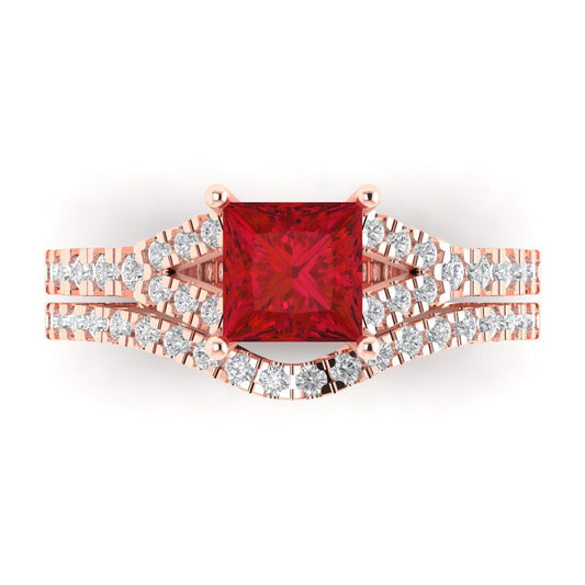 3.4 cttw Princess Cut Simulated Pink Tourmaline Bridal Set - Solid Rose Gold Engagement Ring & Wedding Band