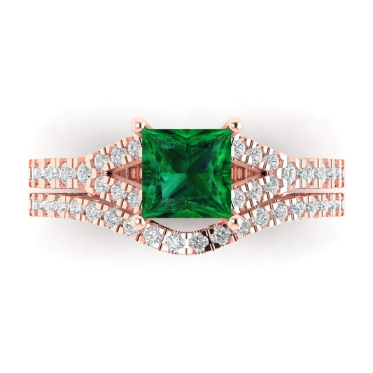 3.4 cttw Princess Cut Simulated Emerald Bridal Set - Solid Rose Gold Engagement Ring & Wedding Band