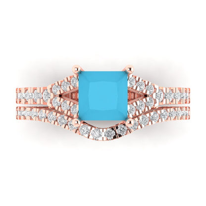 3.4 cttw Princess Cut Simulated Turquoise Bridal Set - Solid Rose Gold Engagement Ring & Wedding Band